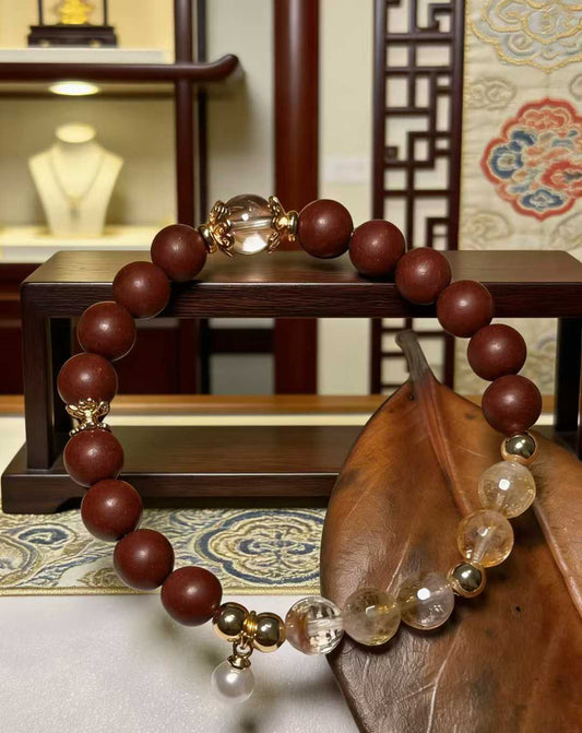 Zen Meditation Bracelet – Natural Red Sandalwood & Rutilated Quartz with Freshwater Pearl Accent