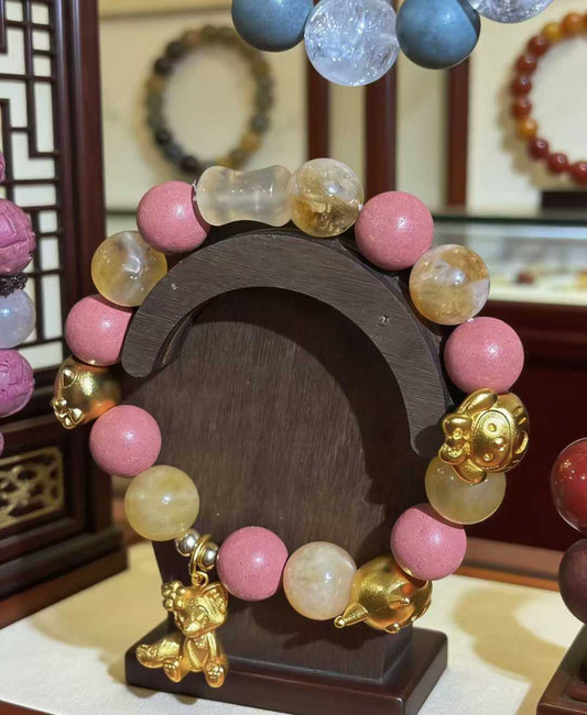 Handcrafted Natural Wood & Citrine Quartz Harmony Bracelet – Sweet Serenity Edition with 18K Gold-Plated Charms
