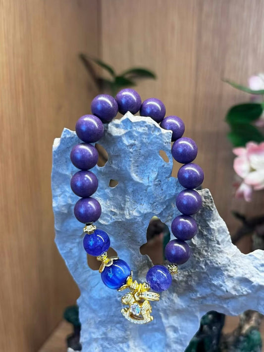 Lavender Jade & Purple Stone Bracelet – Gold Flower & Wealth Charm Accent