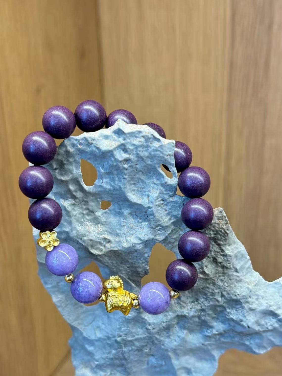 Deep Purple Jasper & Blue Apatite Bracelet with Gold Pixiu Wealth Charm