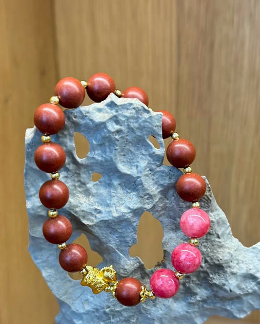 Red Jasper & Pink Rhodonite Beaded Bracelet – Earthy Tones with Gold Wealth Charm