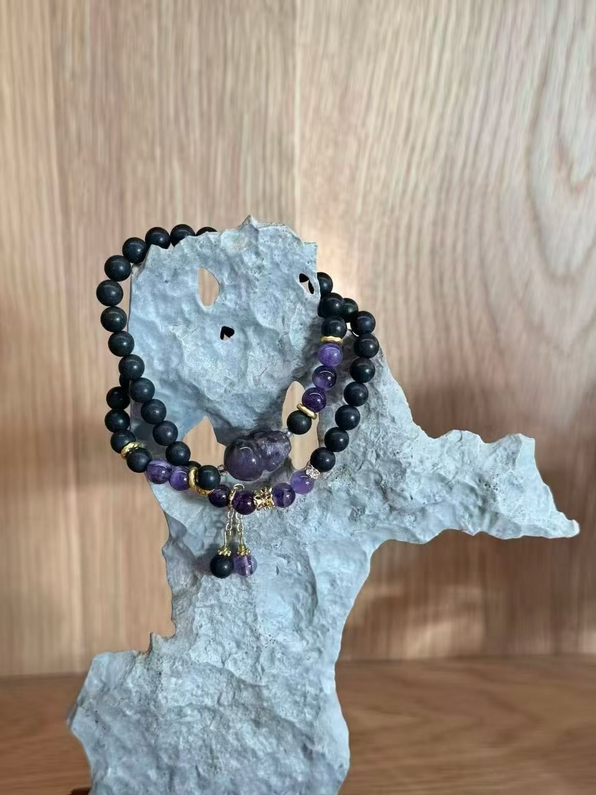 Matte Black Onyx & Purple Amethyst Layered Bracelet – Protection & Clarity Jewelry